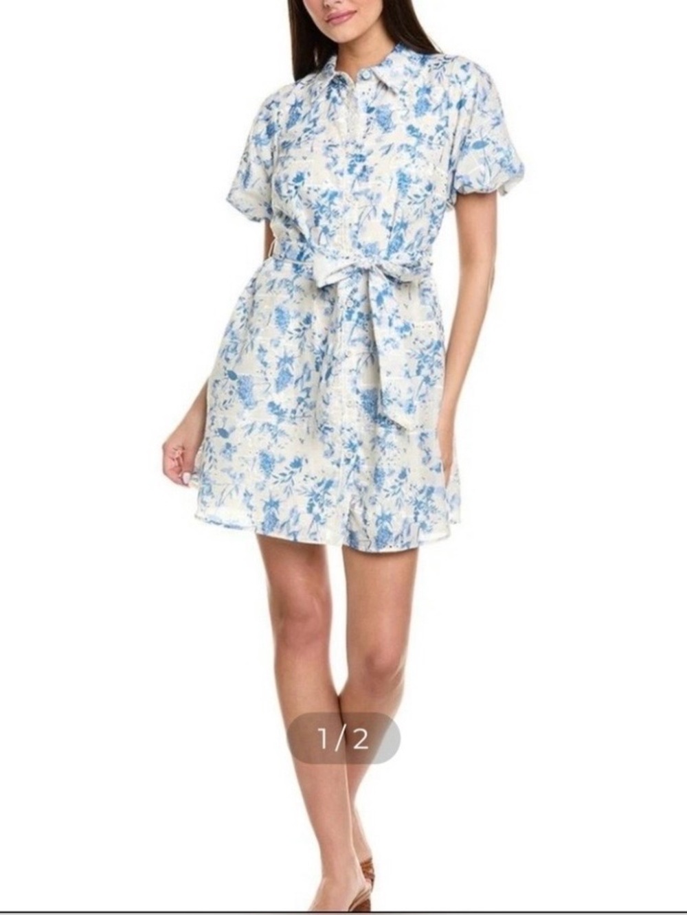 Sam Edelman Cream and Blue Floral Embroidered Lined Tie-Waist Shirt Dress